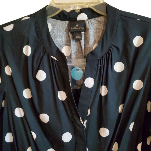 Black and White Polka Dot Flowy Button Up Short Sleeve Dress with Pockets Large - Picture 6 of 16
